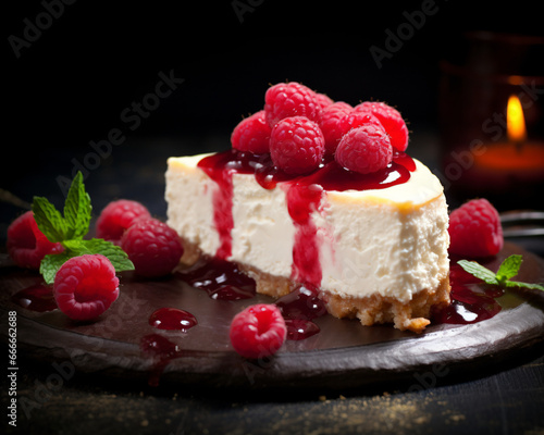 Side photo of raspberry cheesecake on plate photo