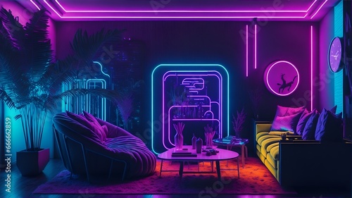 A vividly glowing Neon Room Background, this image captures the essence of a contemporary living space bathed in vibrant neon lights. The interplay of electric hues creates a mesmerizing atmosphere