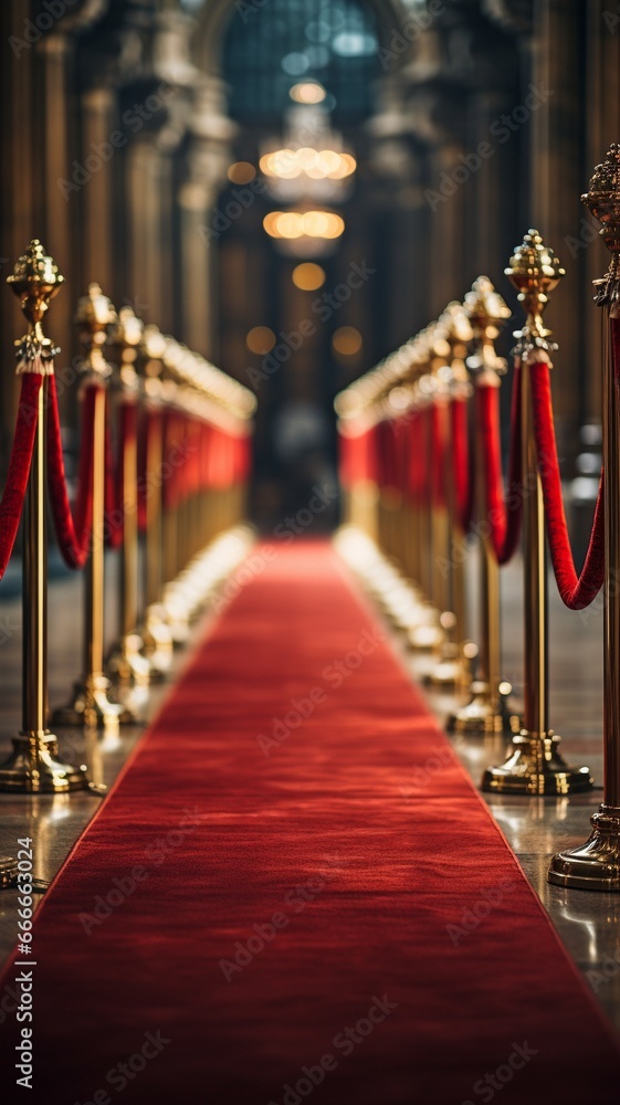 a lengthy crimson carpet separating rope obstacles. a lengthy crimson carpet separating rope obstacles.