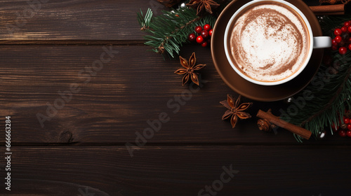 christmas hot chocolate on wooden background with copy space 