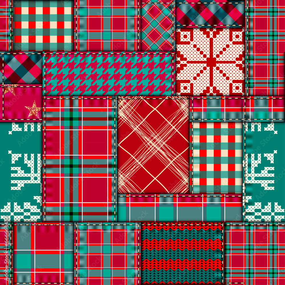 Patchwork textile pattern. Seamless quilting design background. Merry Christmas cozy pattern. Patchwork textile pattern. Seamless quilting design background. Merry Christmas cozy pattern.