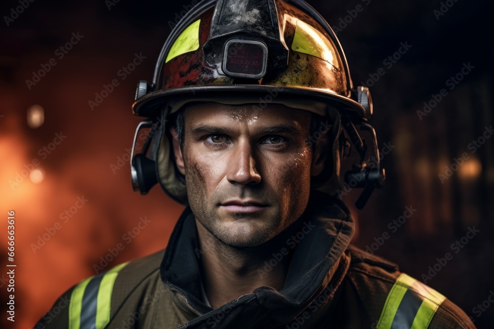 Sturdy Fireman with helmet. Flame rescue. Fictional person. Generate Ai