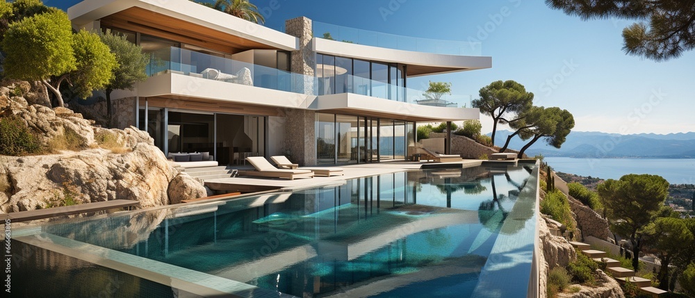 Modern, opulent vacation home with an infinity pool .