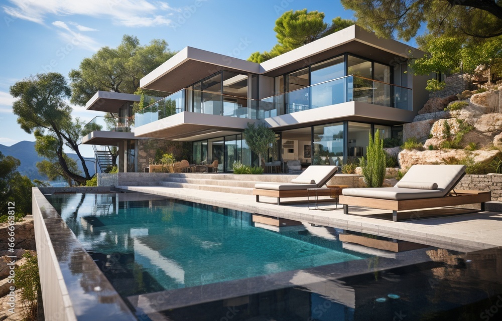 Fototapeta premium Modern, opulent vacation home with an infinity pool .