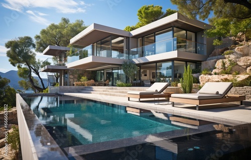 Modern, opulent vacation home with an infinity pool .