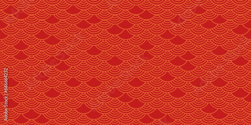 Chinese seamless pattern, japanese background, oriental red texture. Asian New Year vector ornament. Traditional motif, wave gold style. Decoration illustration