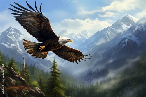 Eagle soaring above mountainous landscape. Generative AI
