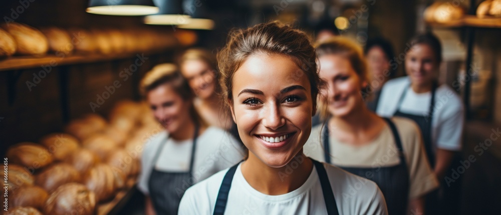 Female bakers smile as they look into the camera. A team of uniformed professional cooks cooks dishes for a restaurant..