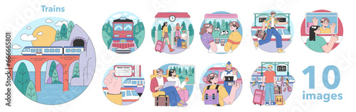 Train trip set. Characters traveling by train. Passengers with luggage