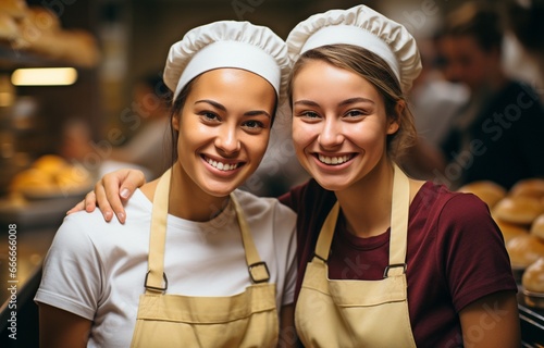 Female bakers smile as they look into the camera. A team of uniformed professional cooks cooks dishes for a restaurant..