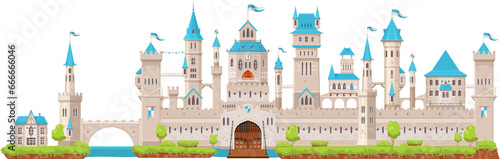 Wall and palace, gate, tower and turret of medieval fortress castle. Fairytale or fantasy king castle vector background. Fairytale royal fortress or ancient kingdom palace with moat and drawbridge