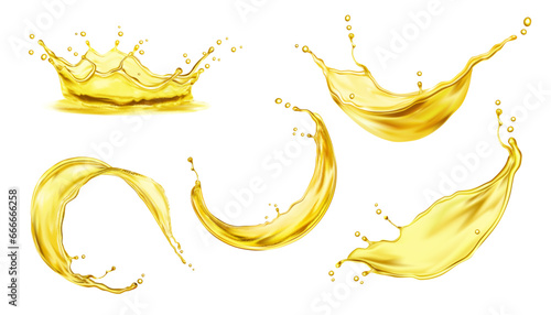 Beer or soda drink, honey, oil or juice splashes. Realistic yellow liquid swirl, transparent wave flow and crown splash set with vector 3d gold drops and ripples, refreshment beverage or food ad