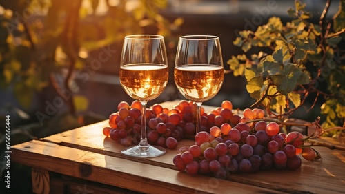 consuming wine in a vineyard. Two wine glasses with a bottle and grapes at dusk,.