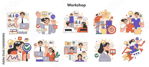 Training workshop set. Interactive training process. Professional development.