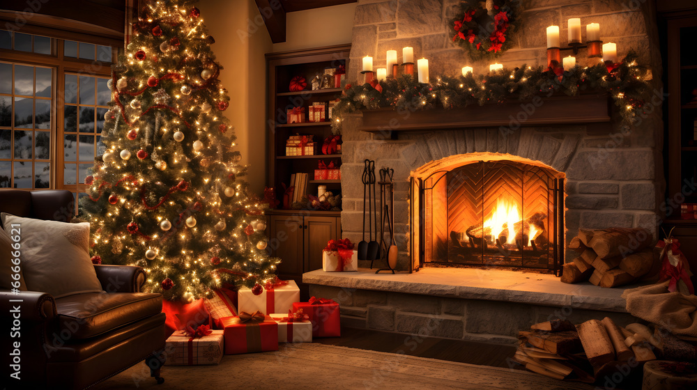 Cozy interior of a home during Christmas, where a glowing tree takes center stage, casting a warm and inviting light throughout the room. Generative AI Cozy interior of a home during Christmas, where a glowing tree takes center stage, casting a warm and inviting light throughout the room. Generative AI