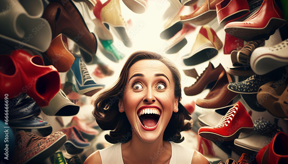 Schuhemode und Kaufsucht bei Frauen Portrait Frau mit ganz vielen Schuhen drumherum Vielfalt unzählige paar Schuhe um lächelndes Gesicht einer Frau glückliche Momente Generative AI  - obrazy, fototapety, plakaty 
