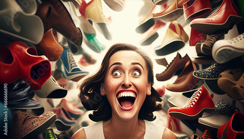 Schuhemode und Kaufsucht bei Frauen Portrait Frau mit ganz vielen Schuhen drumherum Vielfalt unzählige paar Schuhe um lächelndes Gesicht einer Frau glückliche Momente Generative AI  photo