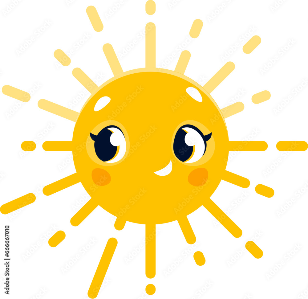 Cartoon happy sun character with smile on funny face, emoji or emoticon vector icon. Cute sun with yellow shine rays smiling for morning, baby or kids comic cheerful sunshine emoji Cartoon happy sun character with smile on funny face, emoji or emoticon vector icon. Cute sun with yellow shine rays smiling for morning, baby or kids comic cheerful sunshine emoji