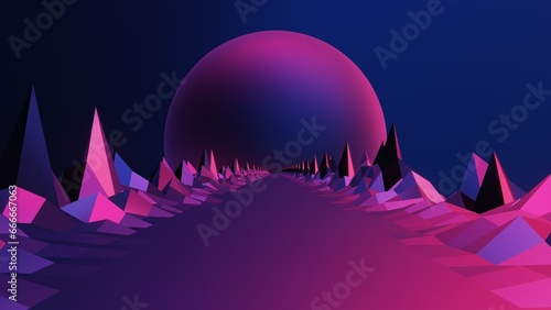 3d purple Retro wave 80s, 90s style footage. Background with pyramids, retrowave motion design backdrop. Modern Electric Low Polygon Mountain Sunset Cityscape 4k 