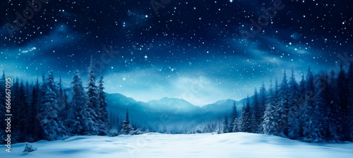 winter night forest background with stars, snowy trees and snowy mountains , winter and christmas concept, copy space for text © XC Stock