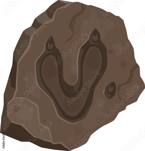 Ancient velociraptor dinosaur footprint, archeology fossil. Prehistory reptile paleontology science footprint, Jurassic era animal step museum fossil track or trail, dinosaur foot ground vector trace