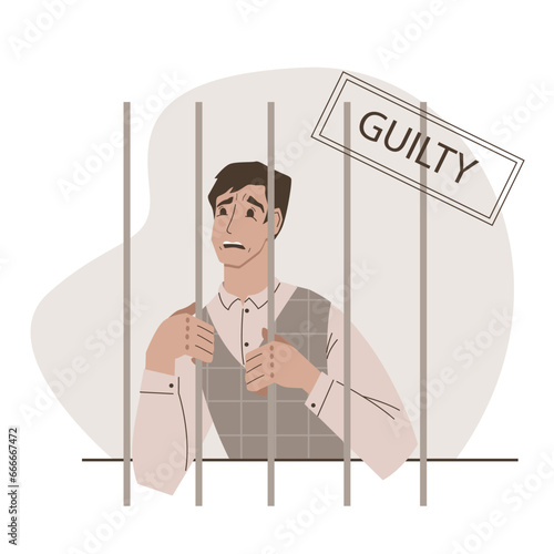 Convicted man in prison. Very scared face. Vector illustration.