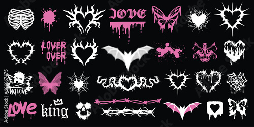Gothic tattoo heart set, vector emo u2k love logo kit, vintage graphic fashion print butterfly. 90’s punk romance grunge sticker, Valentine dark groovy fashion clipart, cherub. Gothic heart retro sign