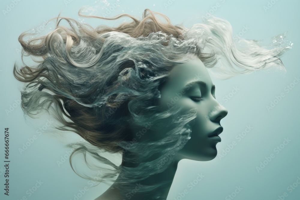 The image of a calm woman is mixed with the image of the ocean. Abstract image of a woman. Wednesday. Unity with nature.