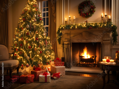 Cozy interior of a home during Christmas, where a glowing tree takes center stage, casting a warm and inviting light throughout the room. Generative AI © James