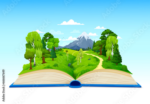 Cartoon opened book with green forest, meadow and mountains, vector nature landscape. Mountain rock and road path in summer forest valley on book pages for fairy tale story or game background