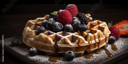 Belgian waffles with berries and honey. Generative AI.