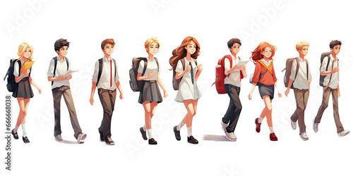 a group of school kids walking, 3/4 view, in an isolated and transparent PNG in a Social-themed, illustration. Generative ai