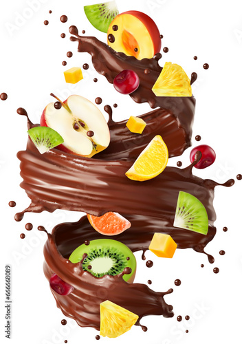 Realistic chocolate milk swirl with ripe fruits, choco drink or sweet fruity splash vector background. Fruit mix apple, kiwi and orange with cranberry and pineapple or peach in chocolate swirl spiral