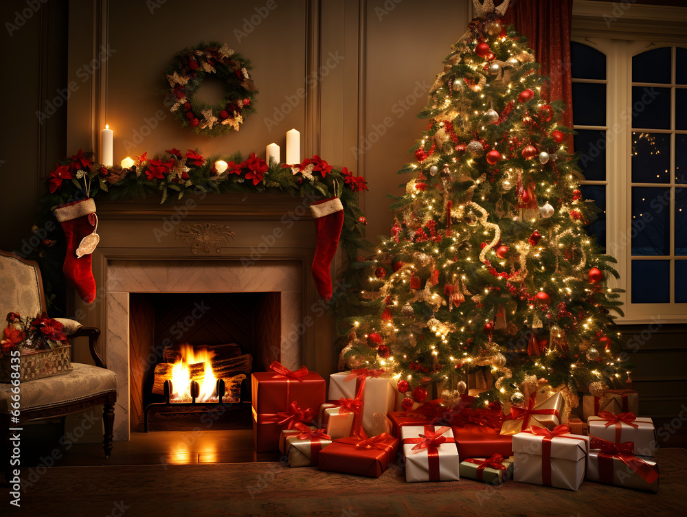Cozy interior of a home during Christmas, where a glowing tree takes center stage, casting a warm and inviting light throughout the room. Generative AI