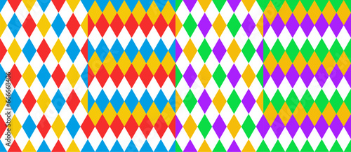 Circus harlequin patterns, rhombus lozenge pattern. Vector seamless backgrounds of carnival clown and joker diamonds ornament. Geometric shapes of blue, green, red, white and yellow rhombus backdrop