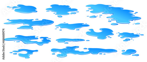 Cartoon rain water puddles, liquid water splashes and leakage, isolated vector icons. Blue water spill drops, puddles or color paint wet drips on floor surface with leak splatters and splashes