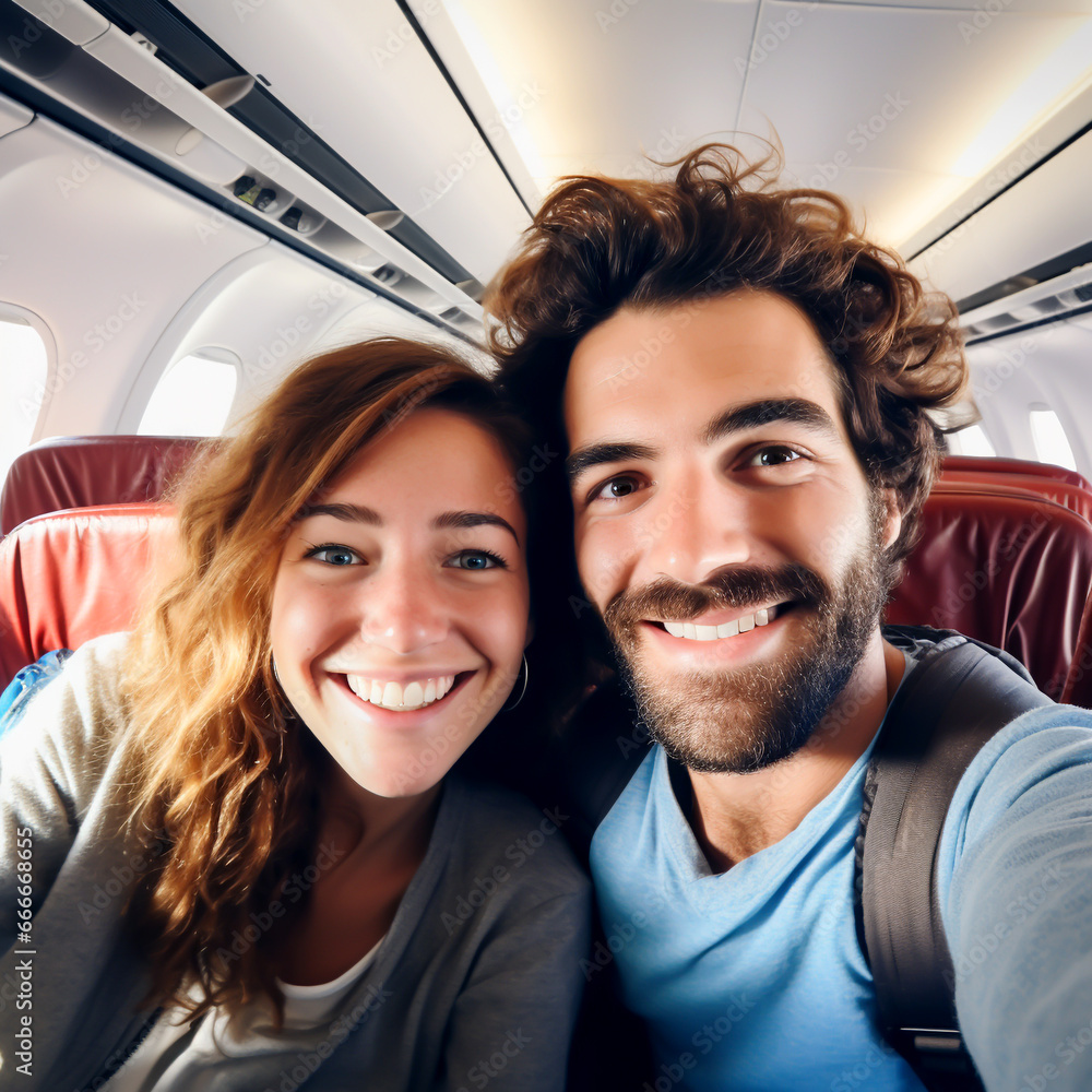 HAPPY COUPLE TAKING SELFIE IN THE AIRPLANE CABIN. image created by legal AI
HAPPY COUPLE TAKING SELFIE IN THE AIRPLANE CABIN. image created by legal AI