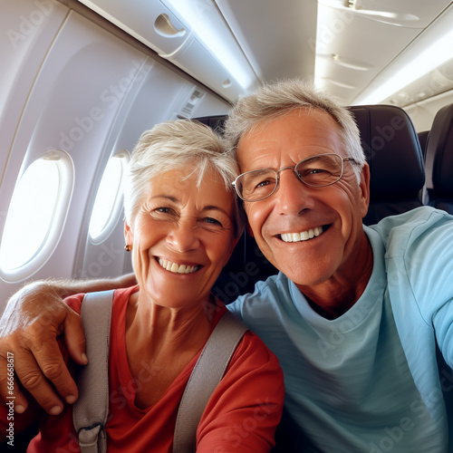 MATURE COUPLE HUSBAND AND WIFE TAKING SELFIE ON PLANE. image created by legal AI 