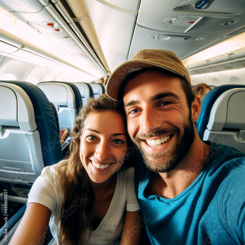 HAPPY COUPLE TAKING SELFIE IN THE AIRPLANE CABIN. image created by legal AI  © PETR BABKIN