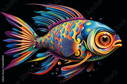 A colorful fish with large eyes is gliding through the water. Generative AI