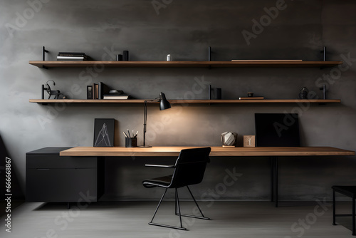 black minimalist office bookshelf The walls are wood and dark gray concrete. © NOOPIAN