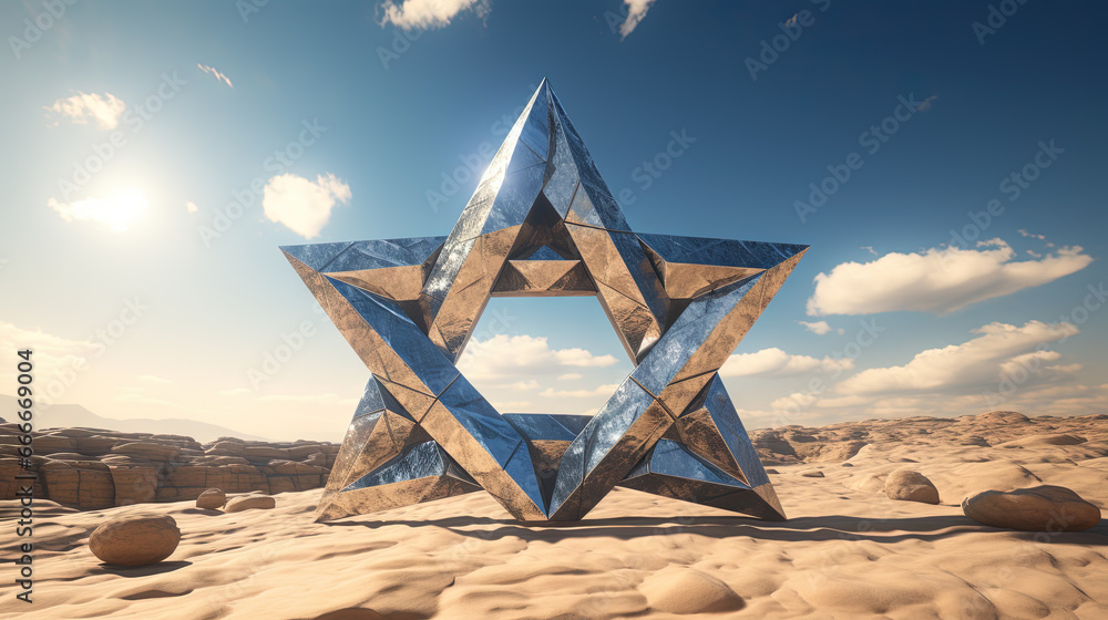Naklejka premium Metallic David star in the sand of desert. Shiny 3D Israel symbol of Magen David.