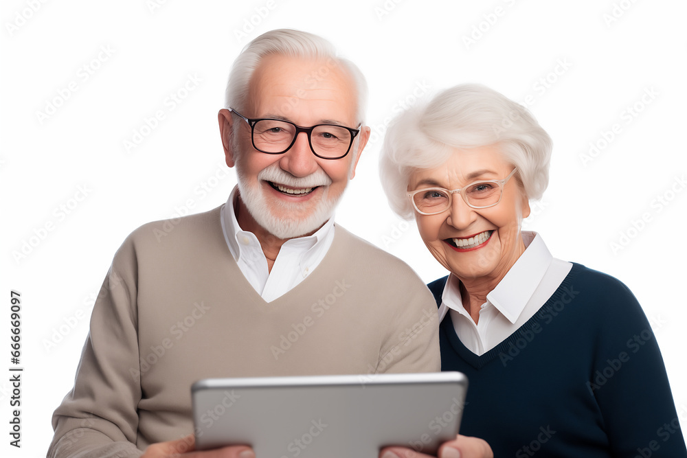 Portrait of an elderly couple of a man and woman of Caucasian appearance holding a tablet, smiling and hugging on a white background. Portrait of an elderly couple of a man and woman of Caucasian appearance holding a tablet, smiling and hugging on a white background.
