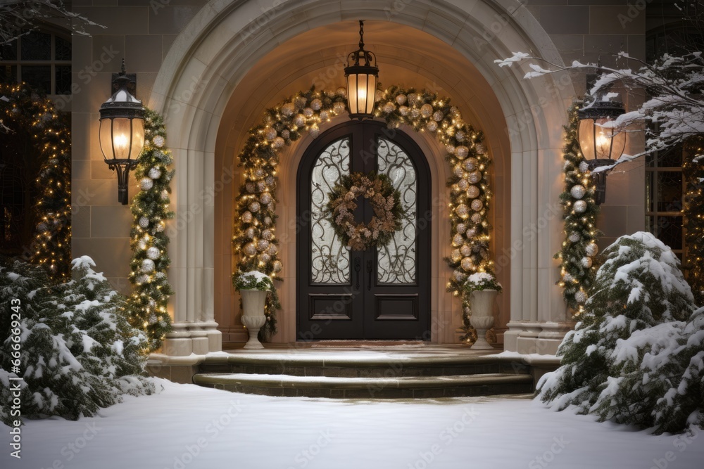 Elegant doors and windowsdecked out in Christmas holiday cheer 