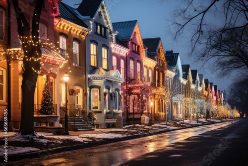 Long-exposure shot of townhouses aglow with multicolored Christmas lights 