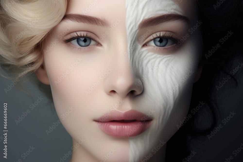An image of a beautiful woman with beautiful black, white and red makeup. Concept of beauty, style and tranquility An image of a beautiful woman with beautiful black, white and red makeup. Concept of beauty, style and tranquility
