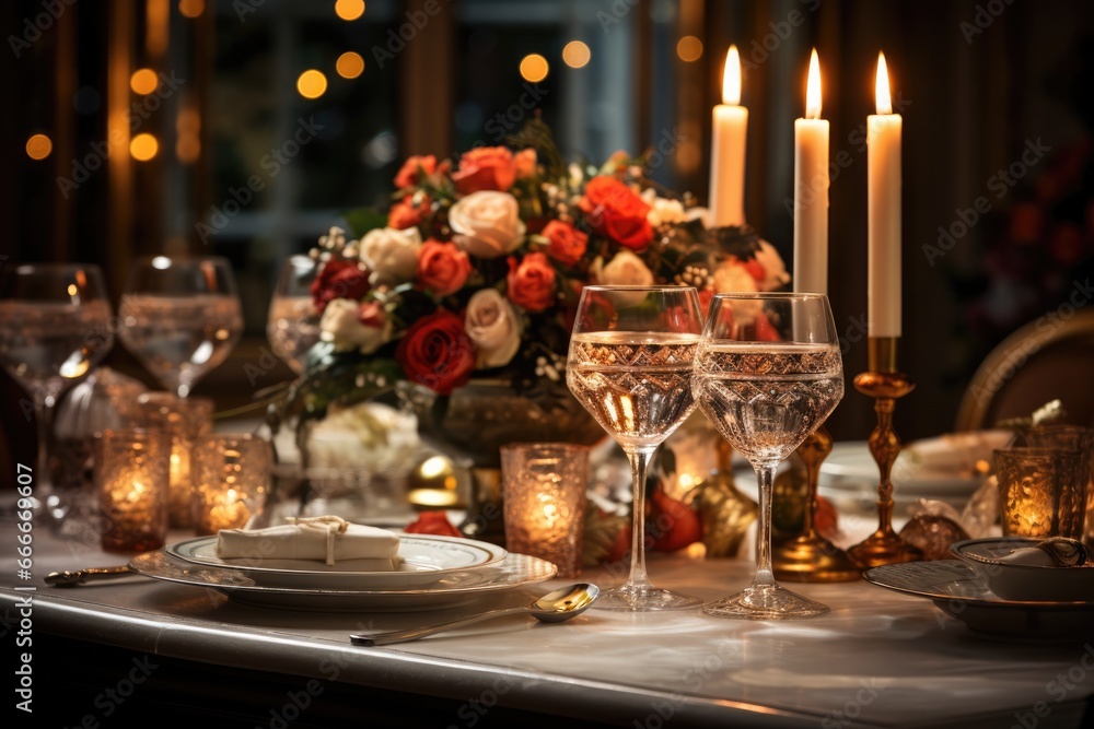 Lavish dining table setting illuminated by the soft glow of Christmas lights 