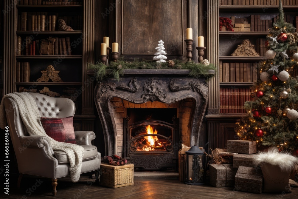 Cozy interior showcasing a roaring fireplace adorned with Christmas decor Cozy interior showcasing a roaring fireplace adorned with Christmas decor