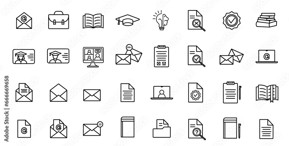 Set of education and learning Icons. Simple line art style icons pack. Vector illustration. 32 vector icons. Set of education and learning Icons. Simple line art style icons pack. Vector illustration. 32 vector icons.