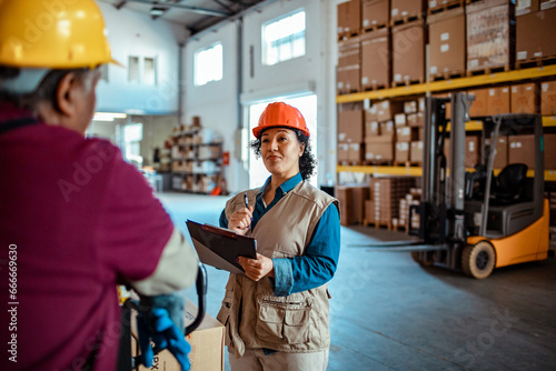 Female inventory manager talking to a colleague at the warehouse photo